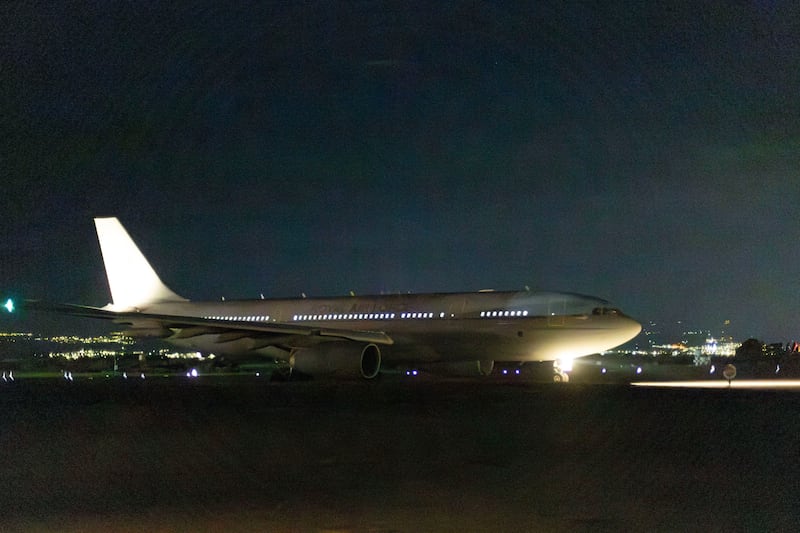 Handout photo supplied by Ministry of Defence showing a RAF Voyager aircraft taking off from RAF Akrotiri as part of the operation