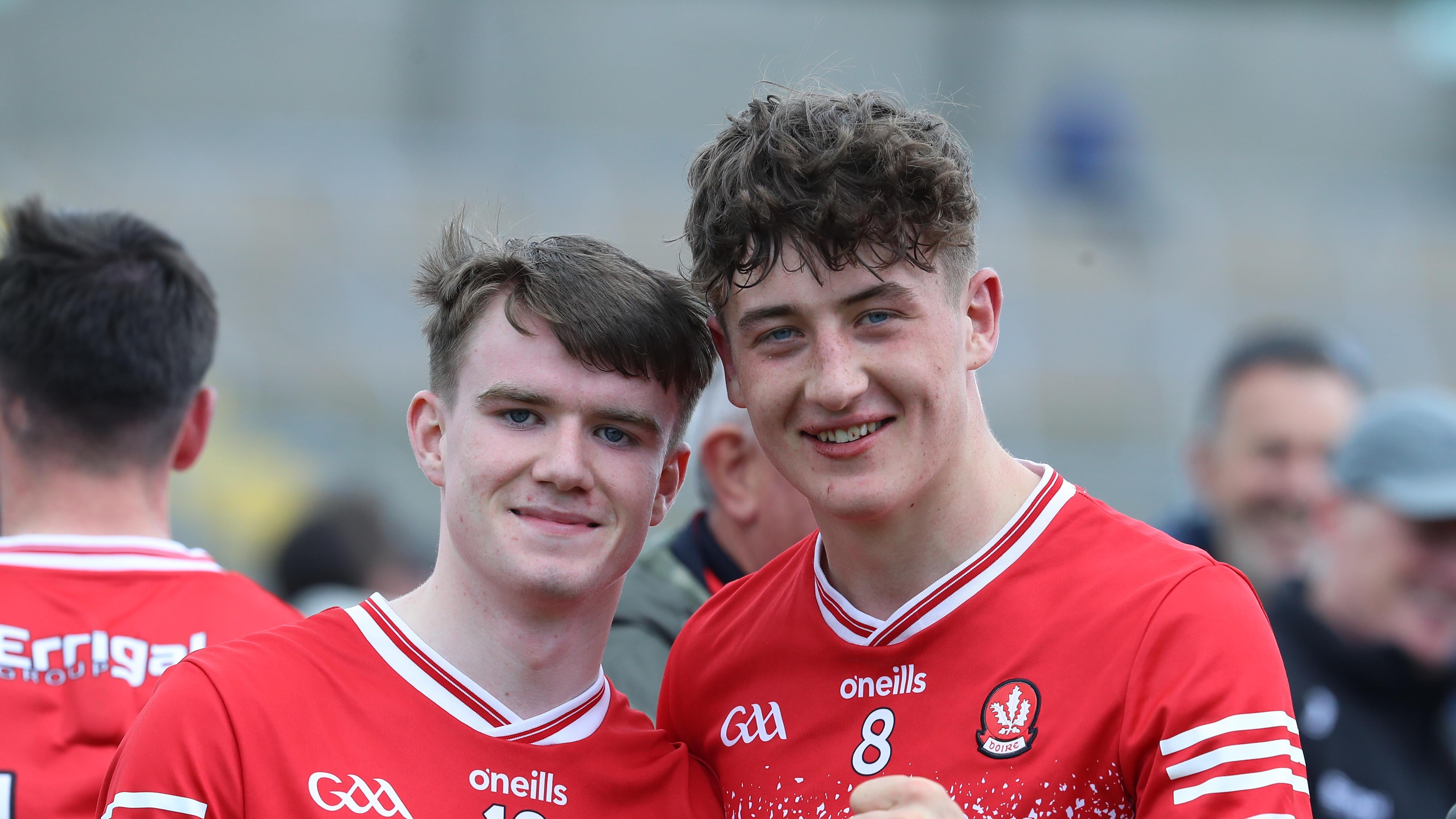 Derry's James Sargent and Eamon Young at the end of the Electric Ireland GAA Football All - Ireland Minor Championship Quarter Final Between Dublin and Derry at the Kingspan Breffni Cavan on 06-08 2024.