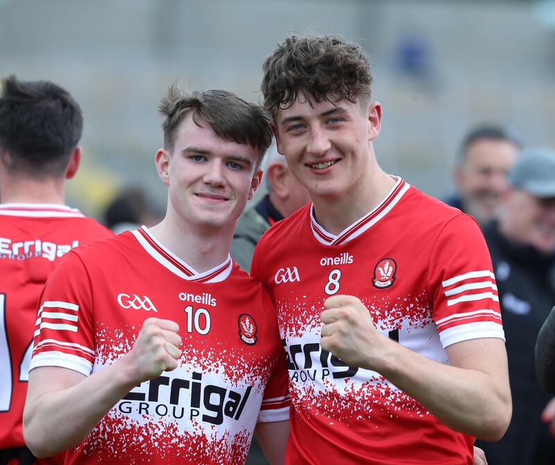 Derry's James Sargent and Eamon Young at the end of the Electric Ireland GAA Football All - Ireland Minor Championship Quarter Final Between Dublin and Derry at the Kingspan Breffni Cavan on 06-08 2024.