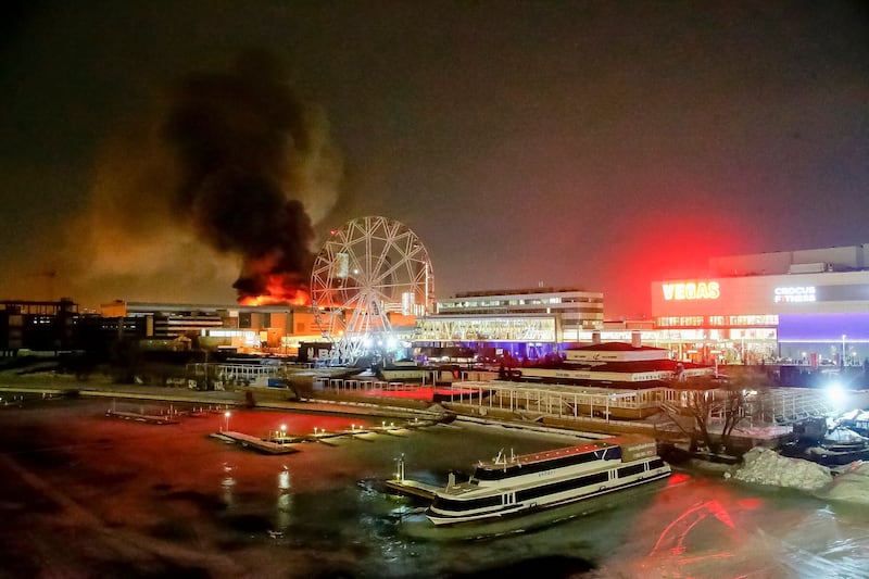 A massive blaze over Crocus City Hall on the western edge of Moscow (Sergei Vedyashkin/Moscow News Agency via AP)