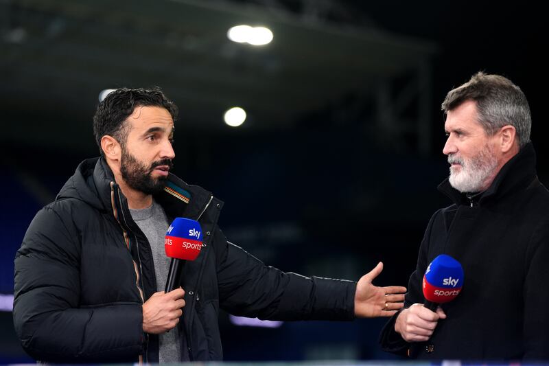 Manchester United manager Ruben Amorim is interviewed by Roy Keane