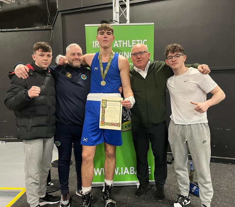 Clonard's Brandon McKelvie, pictured with Jamie Graham, Peter Graham, Joe Lowe and Darragh Joseph Smyth after his Irish U18 title triumph