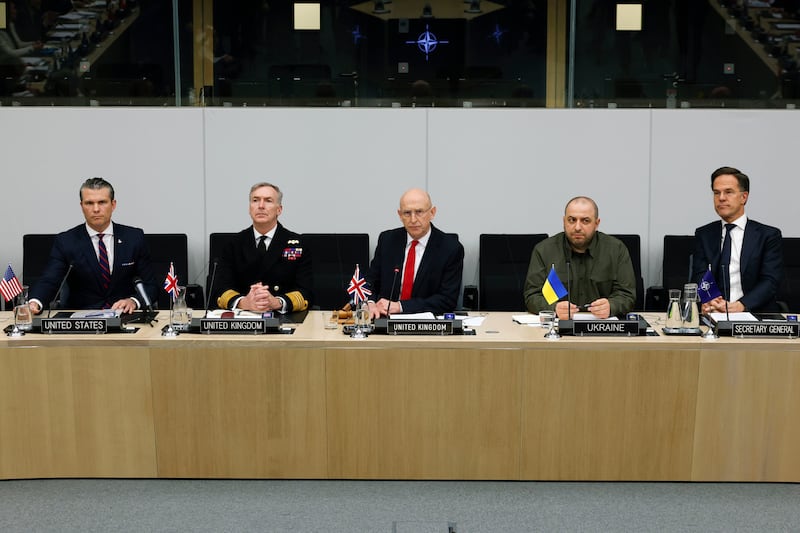 US Secretary of Defence Pete Hegseth alongside Admiral Sir Tony Radakin and Defence Secretary John Healey as well as Ukraine’s Defence Minister Rustem Umerov, and Nato Secretary-General Mark Rutte (AP)