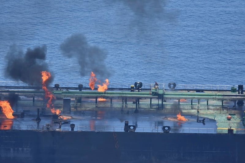 Fires are burning in at least nine different locations on board the oil tanker Sounion in the Red Sea (European Union Operation Aspides/AP)