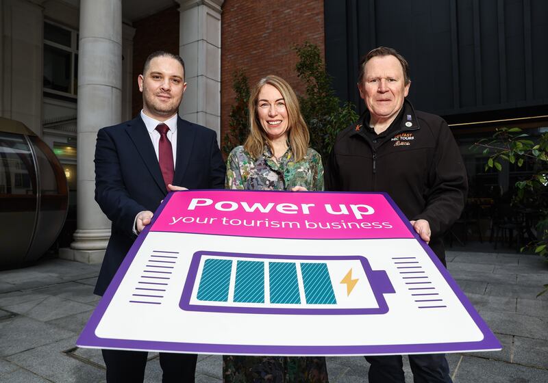 L-R: Simon Anderson-Crothers, from the Holiday Inn Belfast, with Tourism NI's Eimear Callaghan and Donal Kelly, from Belfast Mic Tours, launch Tourism NI’s Spring programme of industry support events.