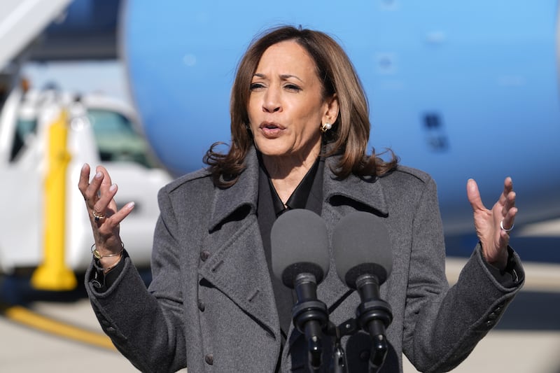 Democratic presidential nominee Vice President Kamala Harris speaks to the media after walking off Air Force Two in Madison, Wisconsin (Charles Rex Arbogast/AP)