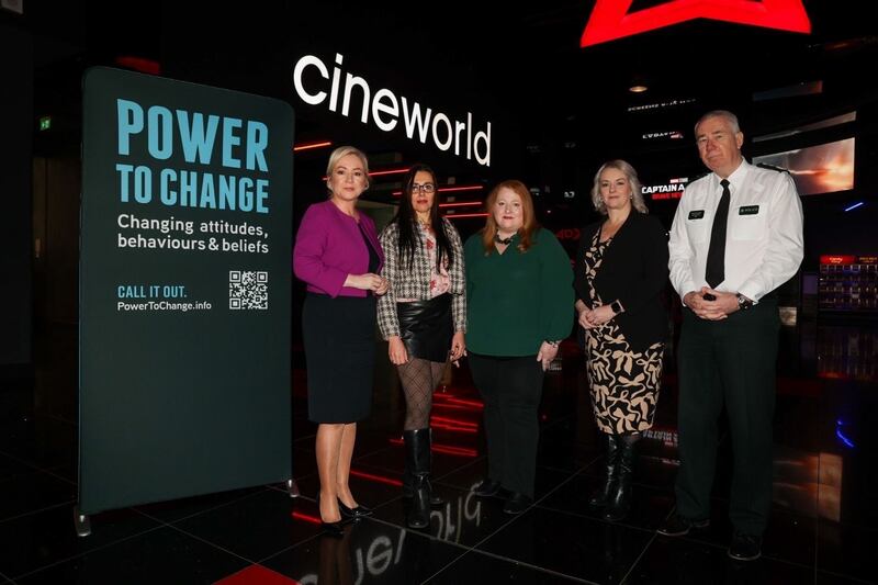 First Minister Michelle O’Neill, Eva Komuves, Justice Minister Naomi Long, Pam Cameron MLA and Chief Constable Jon Boutcher at the launch of Power to Change