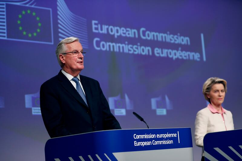 European Commission President Ursula von der Leyen and Michel Barnier address a media conference on Brexit negotiations at EU headquarters in Brussels (Francisco Seco/AP)