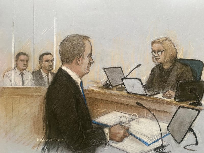 Court artist drawing of Ray Tully KC, watched by judge Mrs Justice May, not wearing their wigs or gowns, at Bristol Crown Court