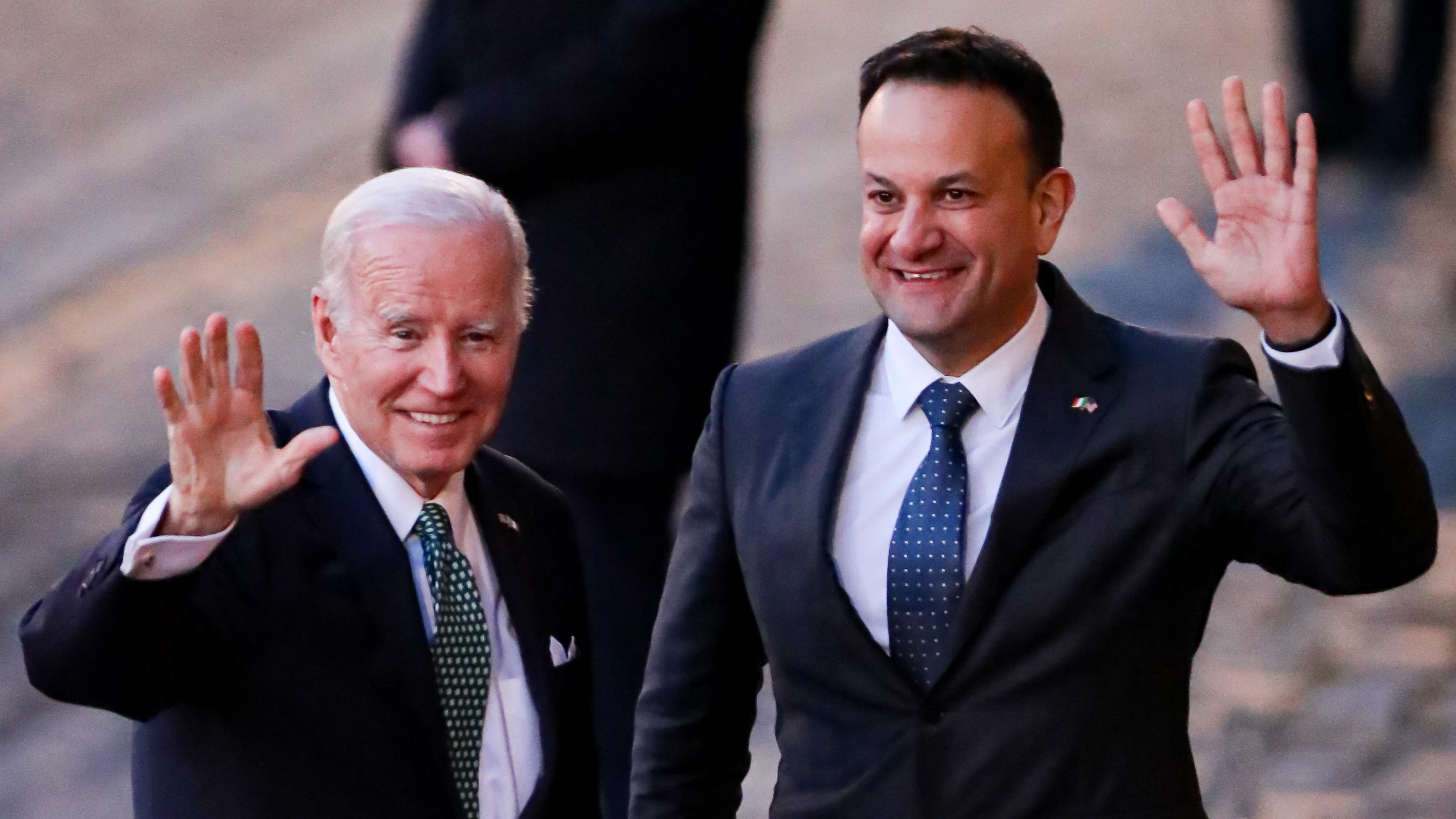US President Joe Biden (left) is greeted by Taoiseach Leo Varadkar as he arrives for a state dinner at Dublin Castle during his visit to Ireland