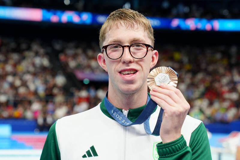 Team Ireland's Daniel Wiffen celebrates with the Bronze medal following the Men's 1500m Freestyle Final on Sunday. PICTURE: PETER BYRNE/PA