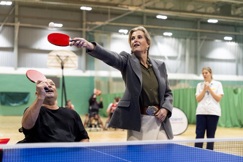 The duchess plays table tennis during a visit to Stoke Mandeville Stadium