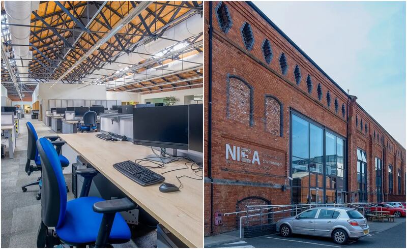 Split image showing inside the Klondyke Building and outside, with NIEA signage.