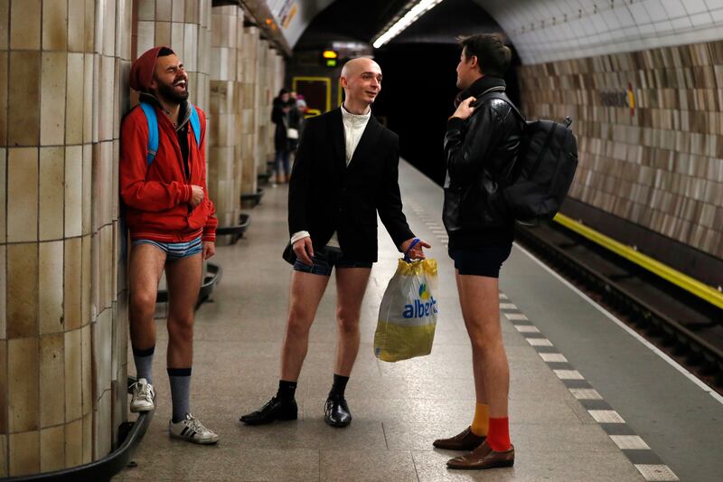 Passengers in Prague with their pants off