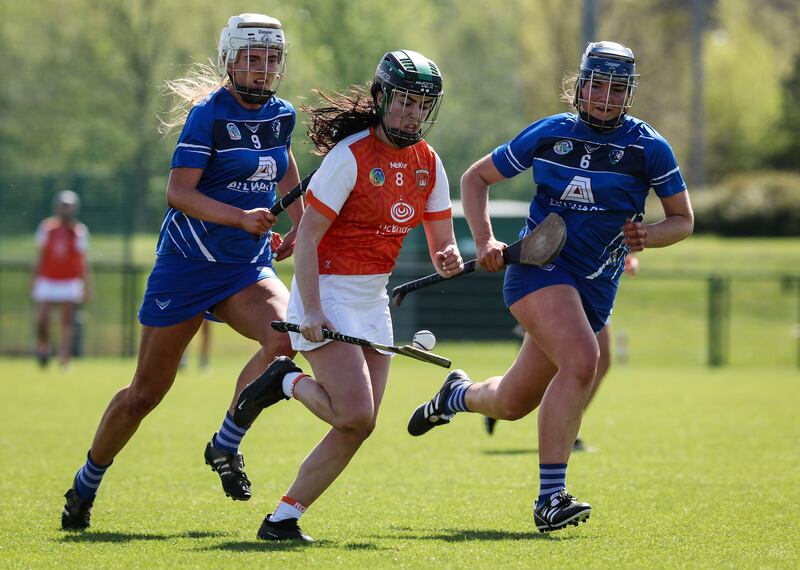 Very Camogie League Division 3A Final, Abbotstown, Dublin 13/4/2024
Laois vs Armagh
Armagh's Leanne Donnelly tackled by Jade Bergin and Clodagh Tynan of Laois
Mandatory Credit ©INPHO/Lorraine O’Sullivan