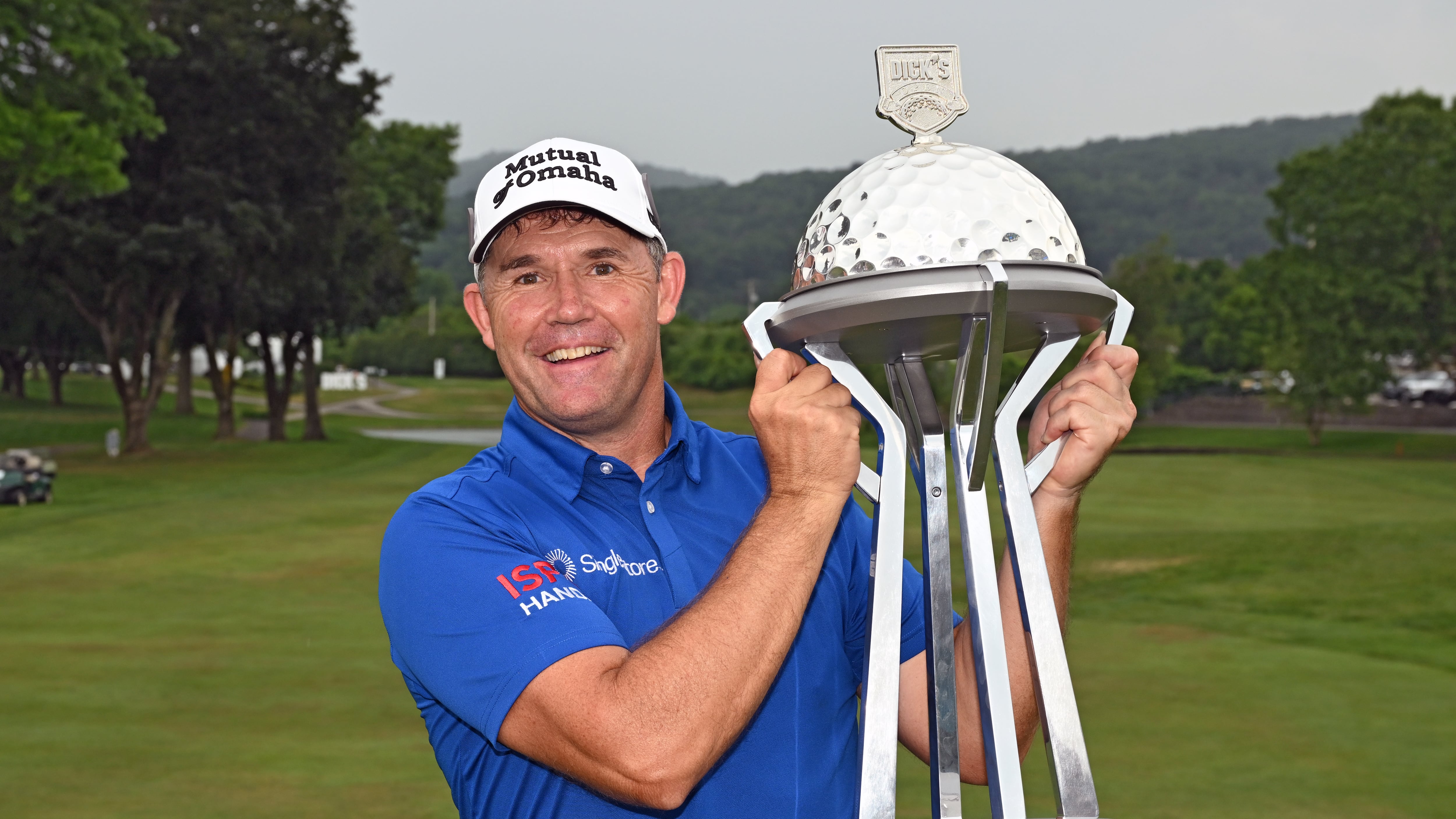 ENDICOTT, NEW YORK - JUNE 23: Padraig Harrington of Ireland holds the trophy after winning the final round of the DICK'S Sporting Goods Open at En-Joie Golf Club on June 23, 2024 in Endicott, New York. (Photo by Drew Hallowell/Getty Images)