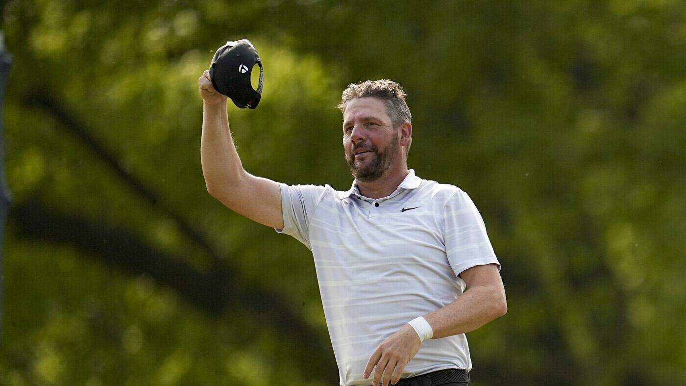 Michael Block celebrates after his hole-in-one on the 15th hole during the final round of the PGA Championship golf tournament at Oak Hill Country Club on Sunday, May 21, 2023, in Pittsford      (AP Photo/Abbie Parr)