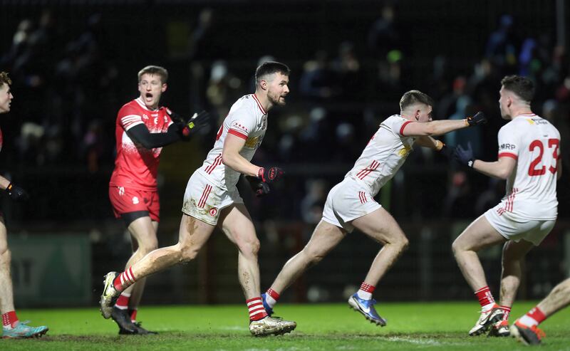 Tyrone Peter Teague (white boots) celebrates a late goal against Derry during the NFL round 1 match played at Healy Park, Omagh on Saturday 25th January 2025. Picture Margaret McLaughlin