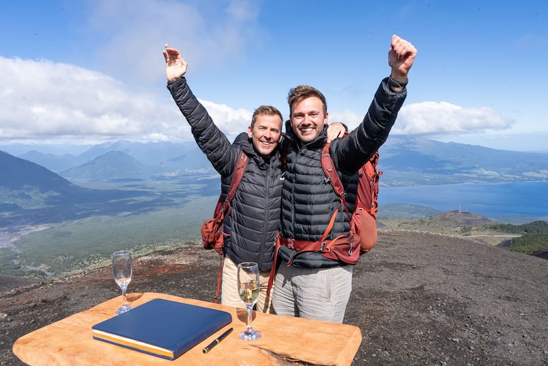 Mills and Vaughan at the base camp of the Osorno Volcano in Frutillar, Chile