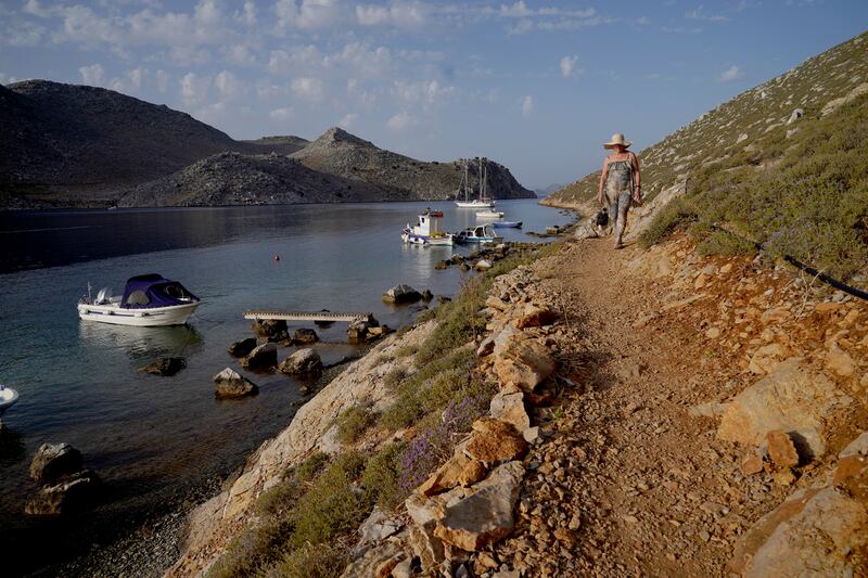 A rocky path near Saint Nikolas beach in the Pedi district in Symi, Greece, where a search and rescue operation is under way for Michael Mosley