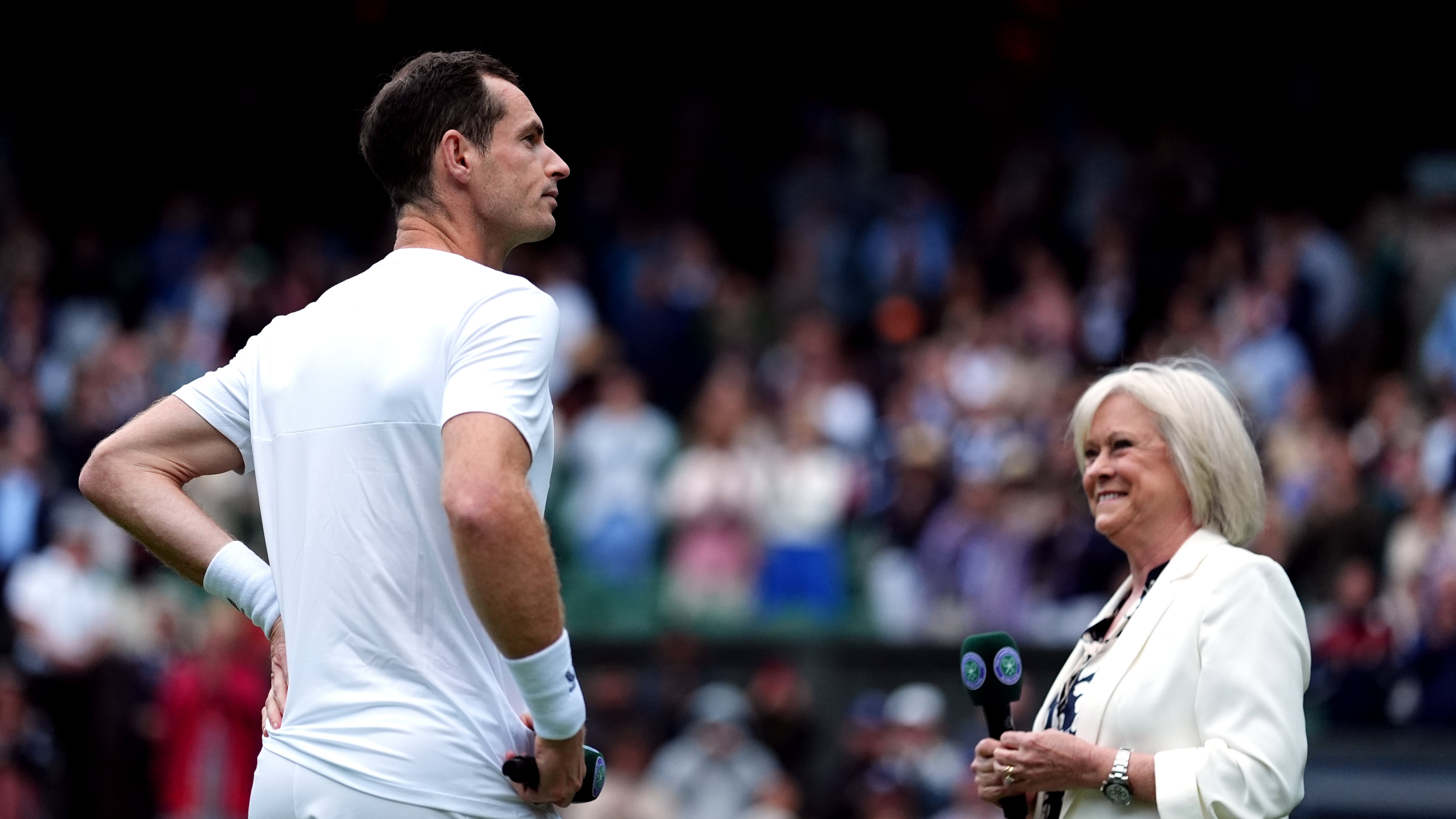 Andy Murray with Sue Barker at Wimbledon after his men’s doubles match with his brother Jamie