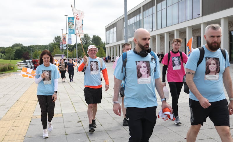 Noel McNally supports his sons   Declan  and NiallMcNally  who start a walk from Craigavon to Croke Park for the All Ireland Final ,to raise money for women’s aid in memory of their sister Natalie McNally.
PICTURE COLM LENAGHAN