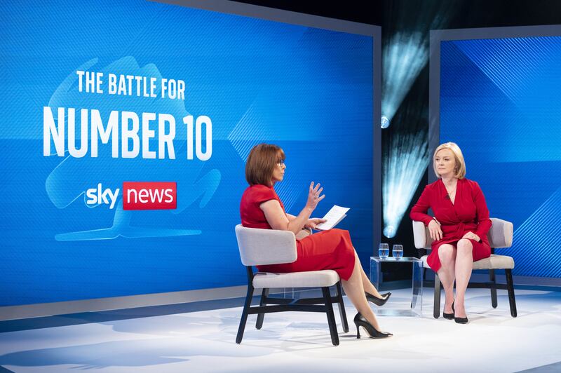 Liz Truss with Kay Burley during the Sky News special programme The Battle for Number 10