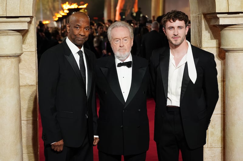 Denzel Washington, Sir Ridley Scott and Paul Mescal at the Royal Film Performance and world premiere of Gladiator II