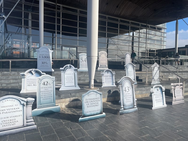 Christian Concern set up tombstones outside the Senedd