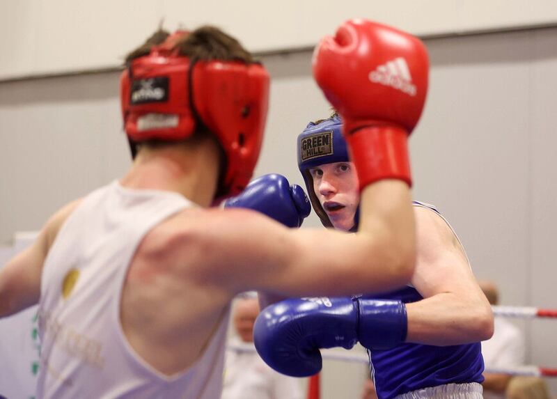 Hayden Fisher (Clovenstone BC) and Ruddi RItchie (Canal BC) go toe-to-toe at the County Antrim Belfast Halloween Box Cup. Ritchie got the nod on a 2-1 split decision. Picture by Mal McCann