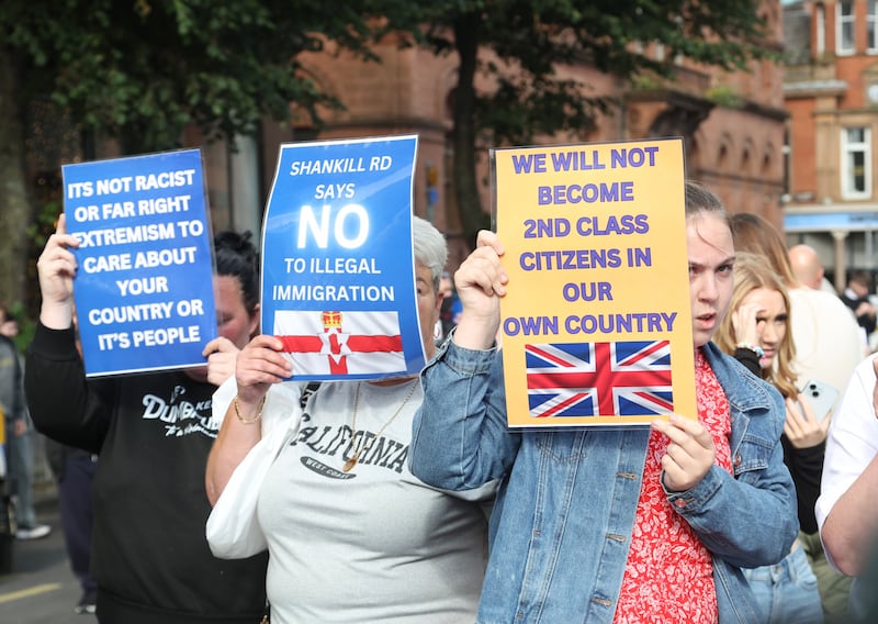 Anti-immigration protesters at Belfast City Hall on Friday evening.