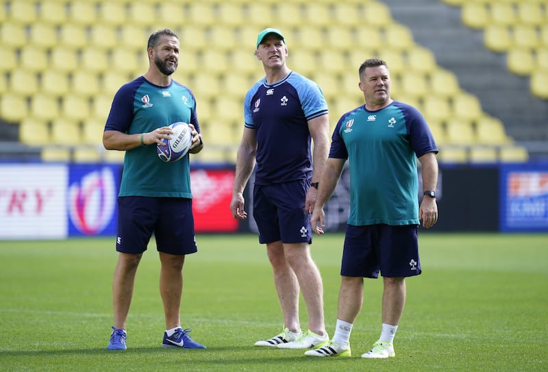 Ireland head coach Andy Farrell, left, with forwards coach Paul O’Connell, centre, and scrum coach John Fogarty, right