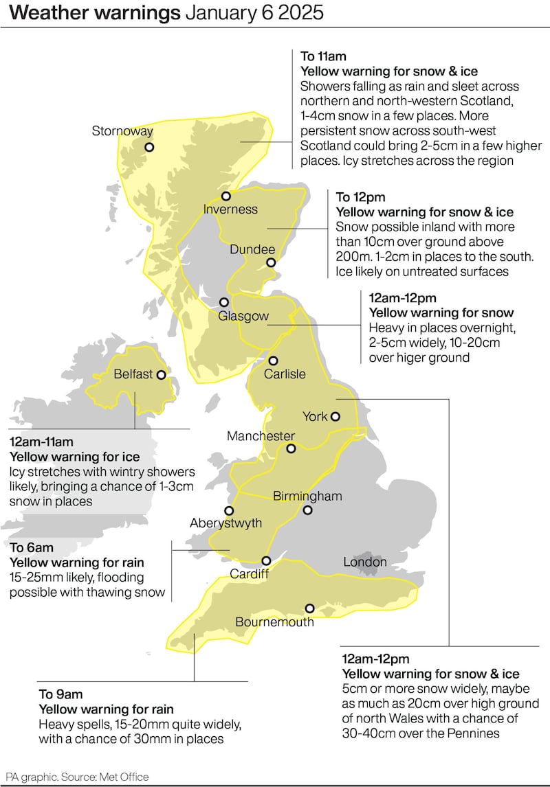 The remaining yellow weather warnings will all end by midday on Monday