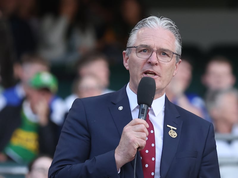 GAA President Jarlath Buth speaking on the Hogan stand in Croke Park with a crowd in the background