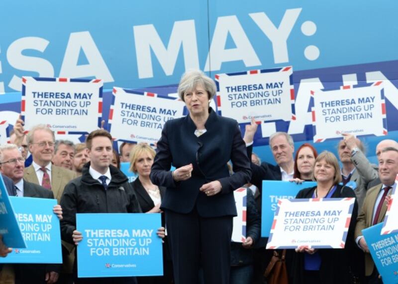 Conservative leader Theresa May at the launch of the party's campaign bus at Eshott airfield, Northumberland.