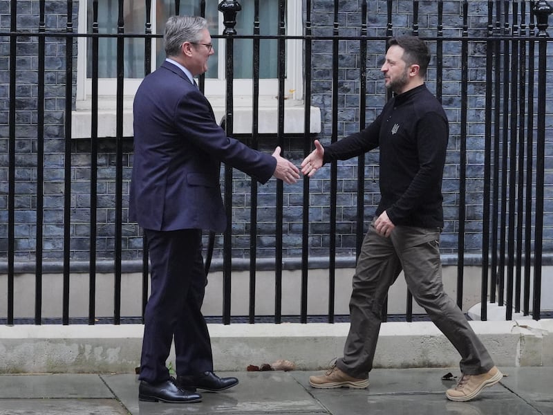 Volodymyr Zelensky is greeted by Sir Keir Starmer as he arrives in Downing Street ahead of meetings with the Prime Minister and Nato Secretary General Mark Rutte