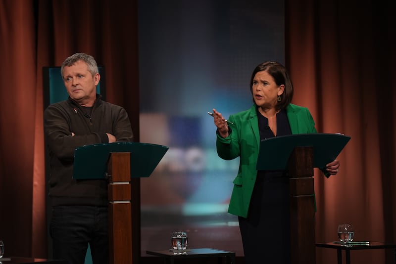 Leader of People Before Profit Solidarity, Richard Boyd Barrett and Sinn Fein President Mary Lou McDonald, during the General Election leaders’ debate at RTE studios in Montrose, Dublin. RTE’s Upfront with Katie Hannon is hosting Ireland’s largest ever leaders’ General Election debate, with 10 political party leaders invited to debate live in the studio. Picture date: Monday November 18, 2024.