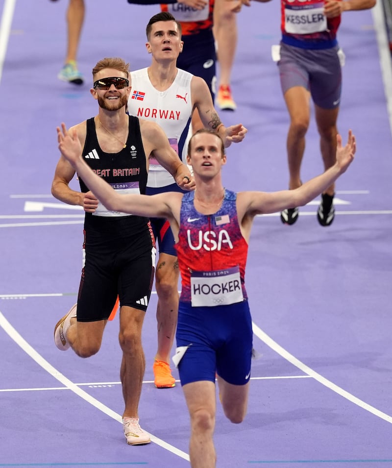 USA’s Cole Hocker celebrates winning the men’s 1500m final ahead of Great Britain’s Josh Kerr and Norway’s Jakob Ingebrigtsen