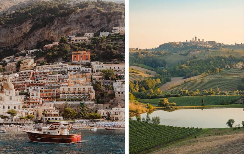 Positano, a cliffside village on southern Italy's Amalfi Coast and a vineyard in San Gimignano in the Tuscan Hills 