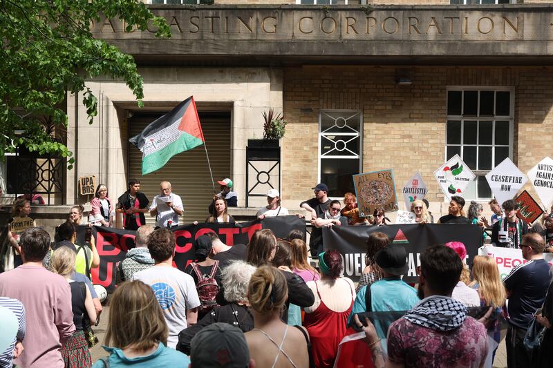 Supporters of the Palestinian people take part in a march and Rally from Writers Square to the BBC calling for a ceasefire and to boycott the Eurovision. PICTURE: MAL MCCANN