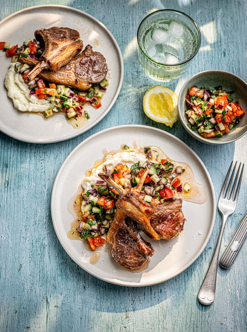 Prue Leith's grilled lamb chops with toum and herb salad recipe