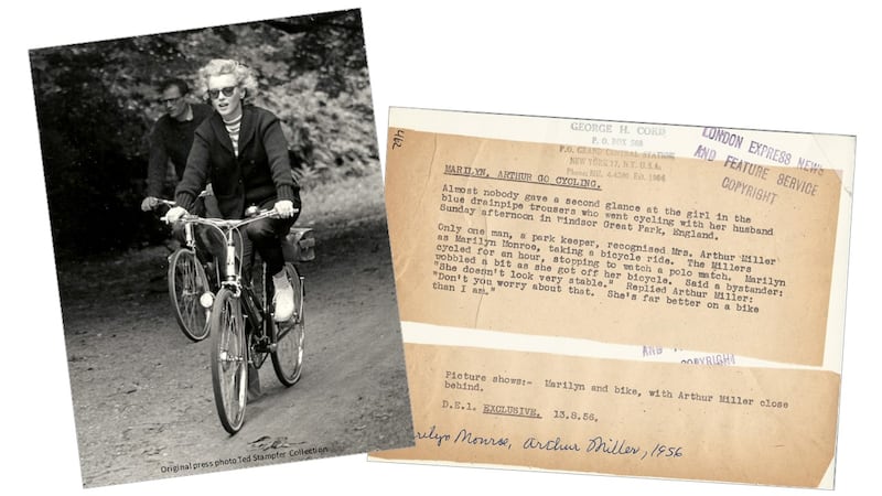 Photo of Marilyn Monroe and Arthur Miller on a bike ride in Windsor Great Park, in Summer 1956 (© All copyrights reserved by Ted Stampfer Collection)