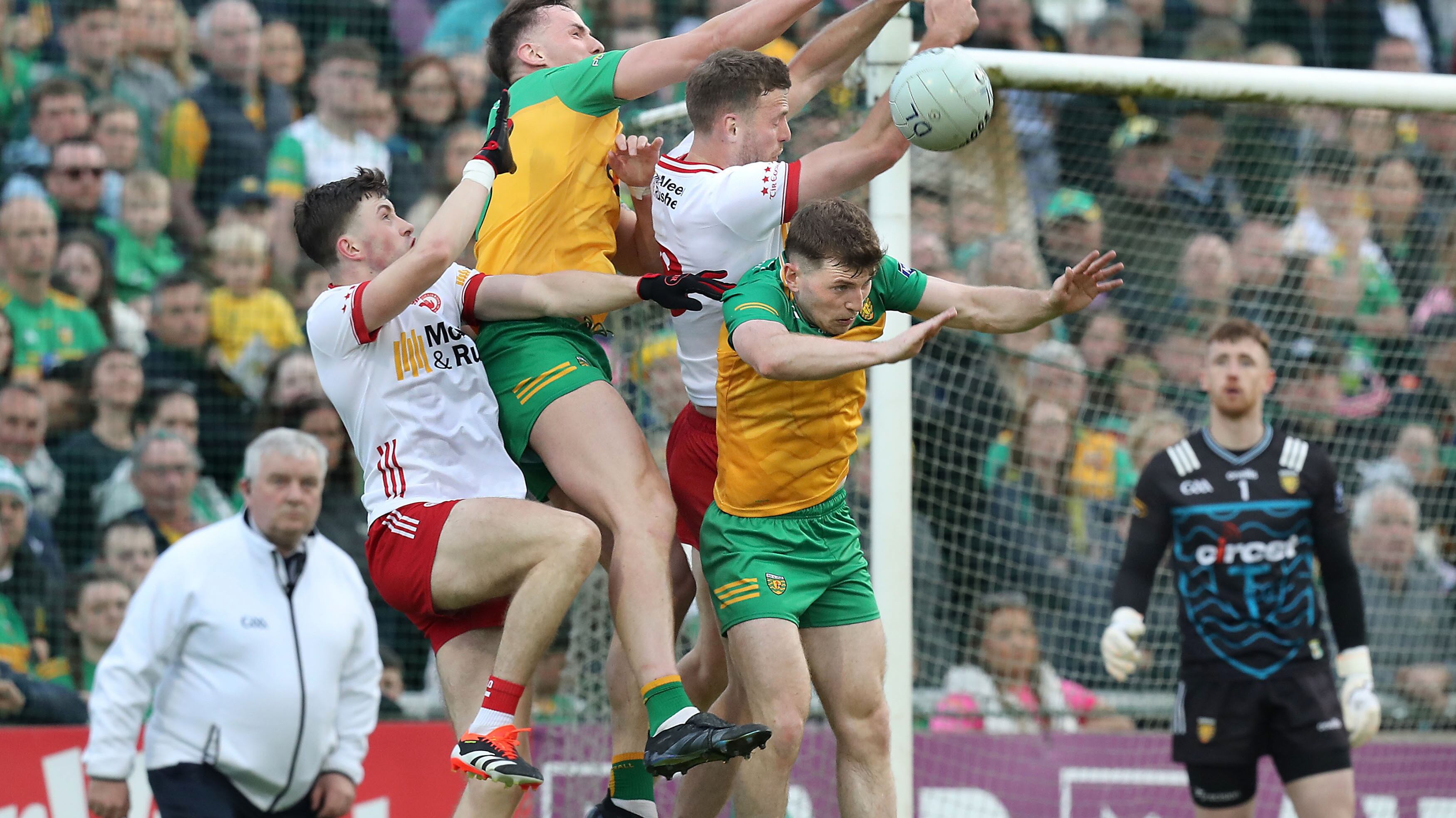 Jason McGee rises for the ball during Donegal's All-Ireland round robin victory over Tyrone in Ballybofey on Saturday night. Picture by Margaret McLaughlin