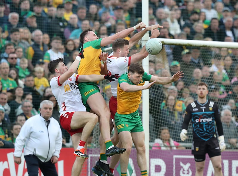 Jason McGee rises for the ball during Donegal's All-Ireland round robin victory over Tyrone in Ballybofey on Saturday night. Picture by Margaret McLaughlin