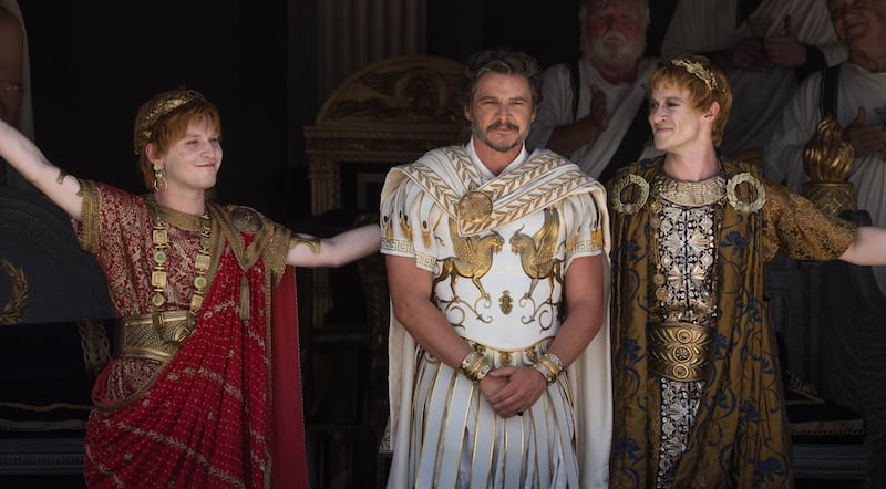 Fred Hechinger as Emperor Caracalla, Pedro Pascal as General Acacius and Joseph Quinn as Emperor Geta