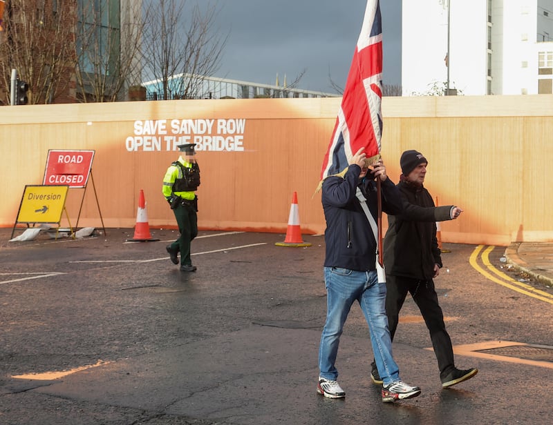 Protesters Boyne Bridge  take part in a march from Bany Row to Belfast City Hall on Saturday, The bridge, near Sandy Row, is being dismantled as part of the redevelopment of the streets around the new Grand Central Station.
PICTURE COLM LENAGHAN