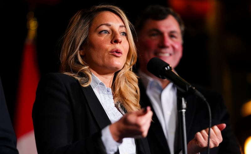 Canada’s Minister of Foreign Affairs Melanie Joly and Minister of Finance and Intergovernmental Affairs Dominic LeBlanc speak to reporters (The Canadian Press via AP)