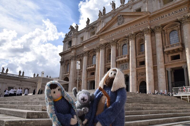 The knitted Nativity figures outside St. Peter’s Basilica in Vatican City, Rome