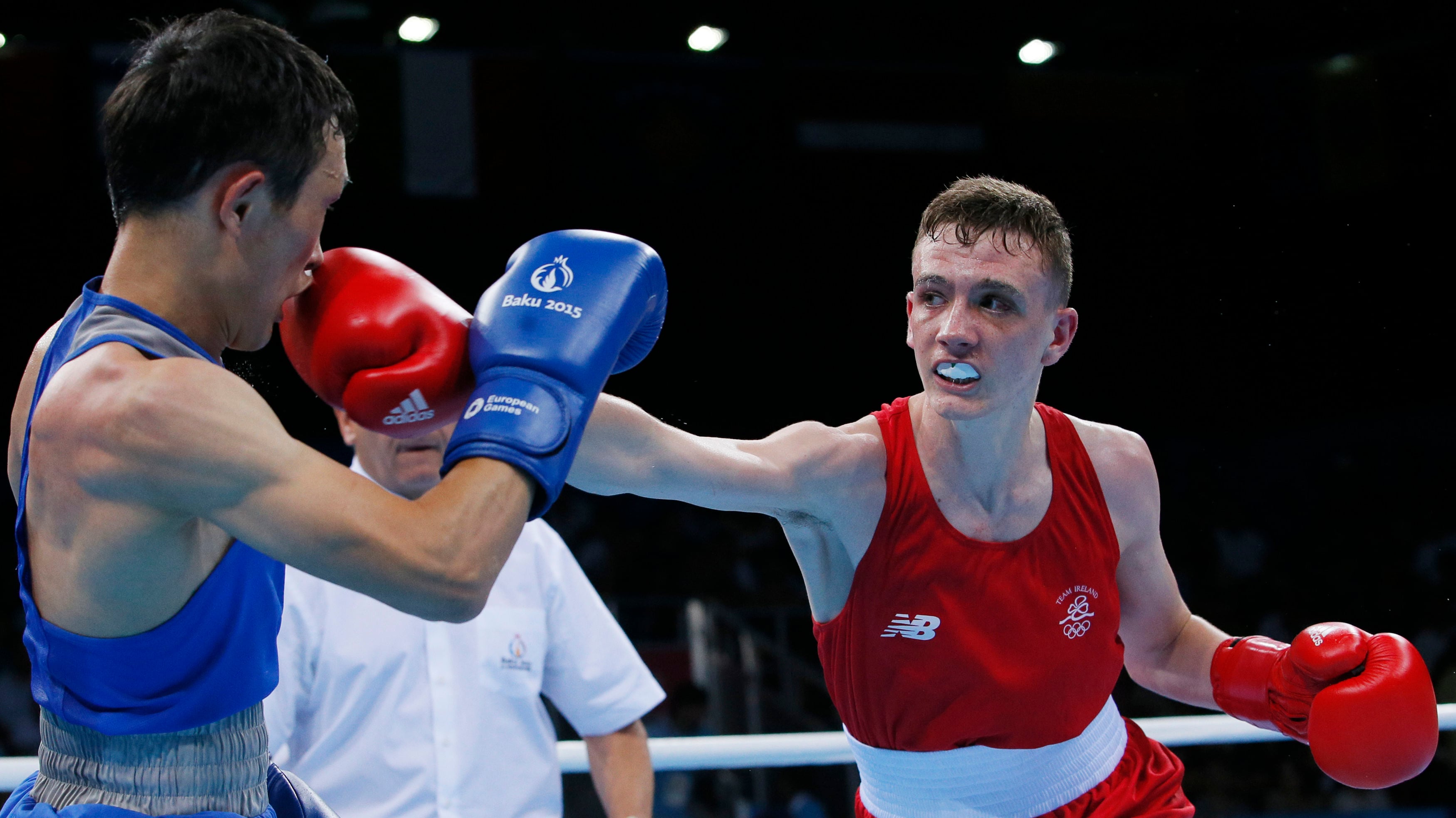 Ireland's Brendan Irvine lands a blow on Bator Sagaluev of Russia during the 49kg final at the European Games in Baku<br />Picture: AP