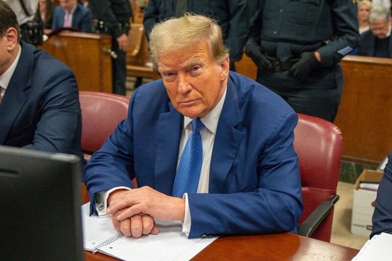 Former president Donald Trump sits in Manhattan criminal court in New York (Steven Hirsch/New York Post via AP, Pool)